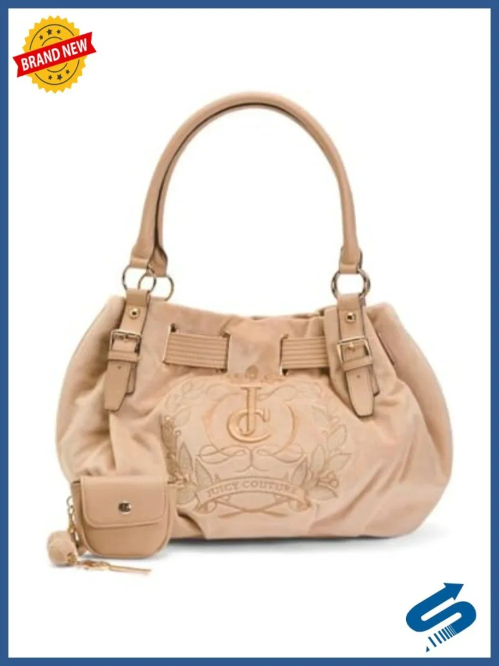 Embroidered Logo Velour Tote with Magnetic Closure and Detachable Pouch